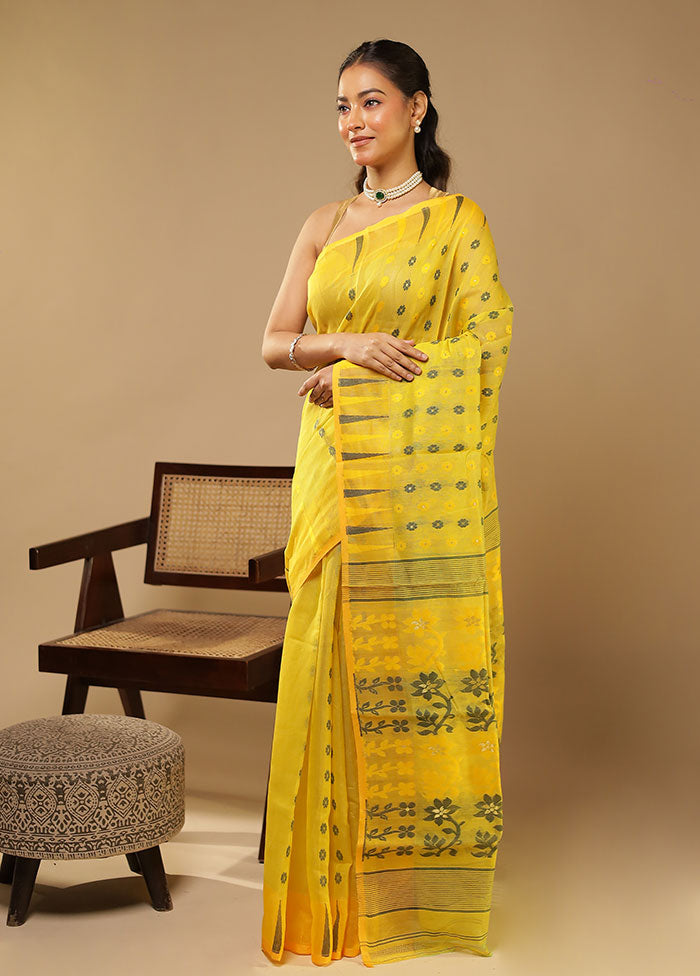 Yellow Jamdani Cotton Saree Without Blouse Piece