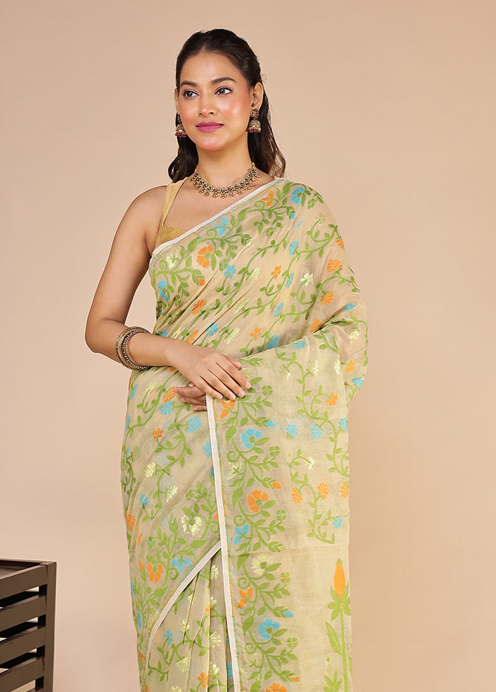 Cream Jamdani Cotton Saree Without Blouse Piece