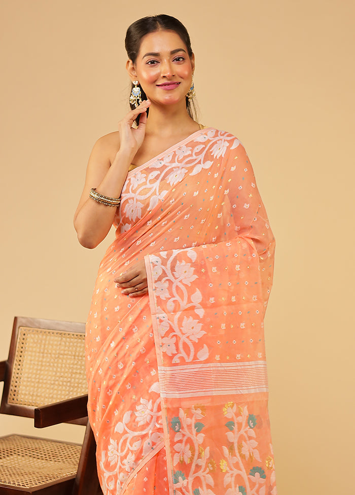 Peach Jamdani Cotton Saree Without Blouse Piece
