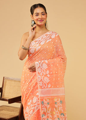 Peach Jamdani Cotton Saree Without Blouse Piece
