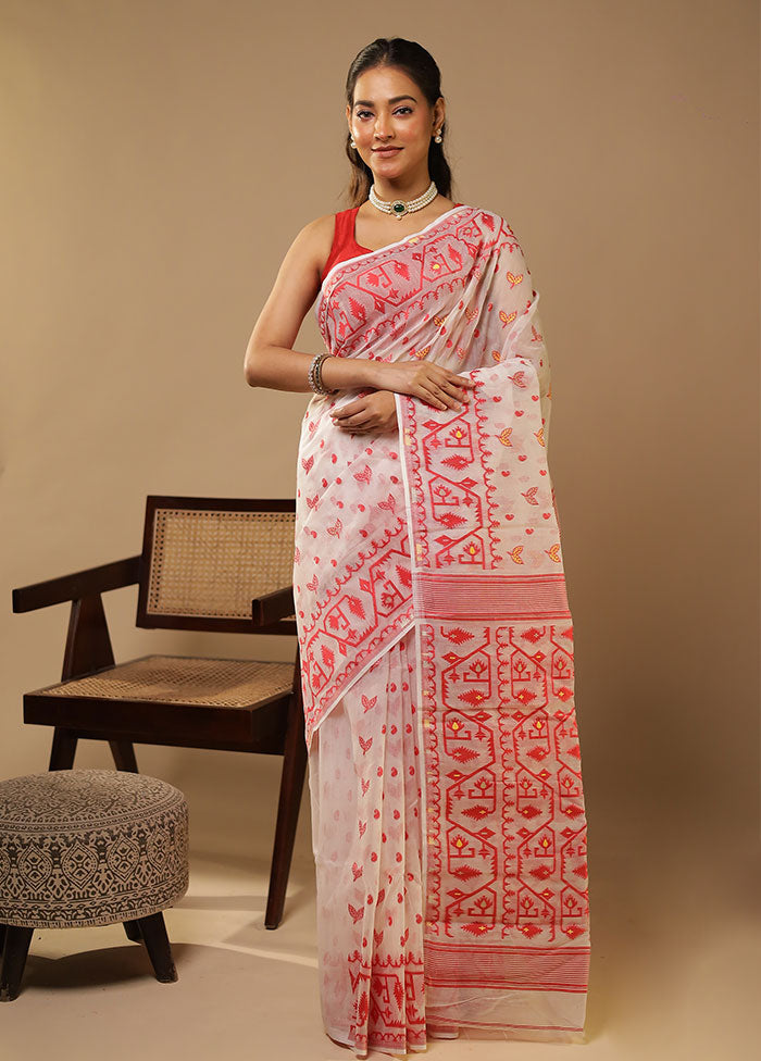 White Jamdani Cotton Saree Without Blouse Piece