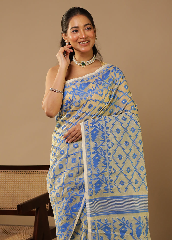 Cream Jamdani Cotton Saree Without Blouse Piece