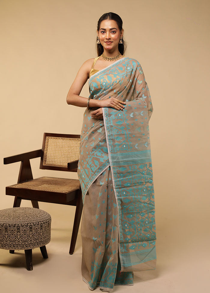 Grey Jamdani Cotton Saree Without Blouse Piece