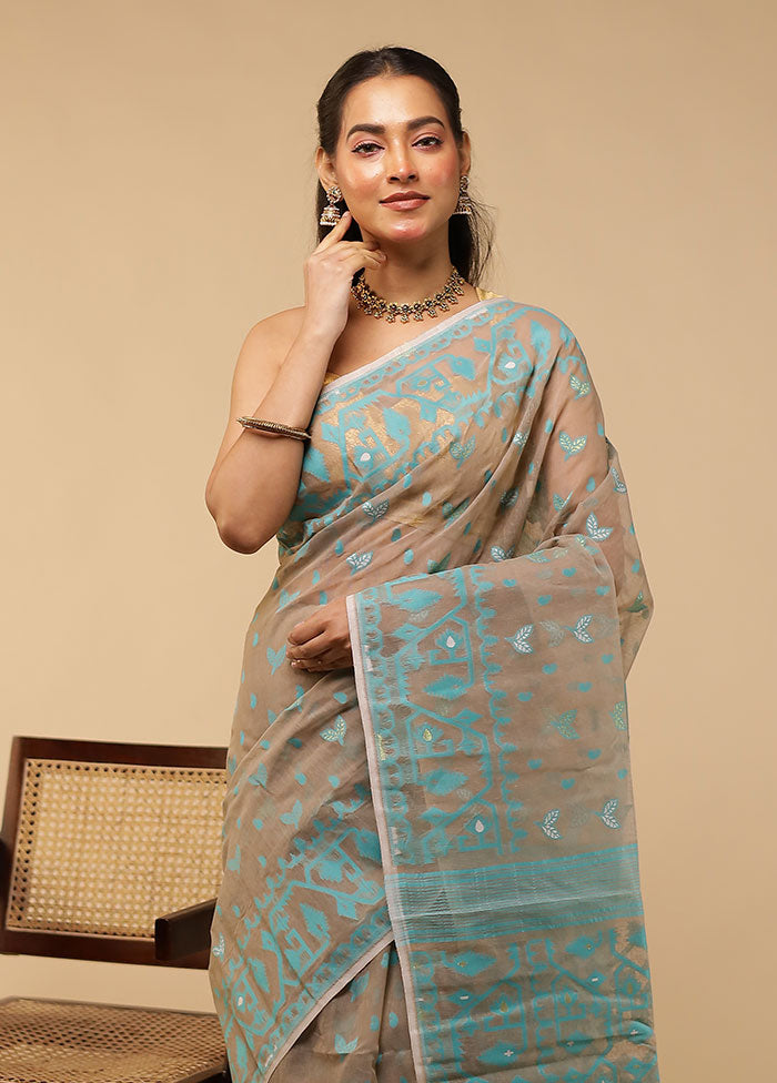 Grey Jamdani Cotton Saree Without Blouse Piece