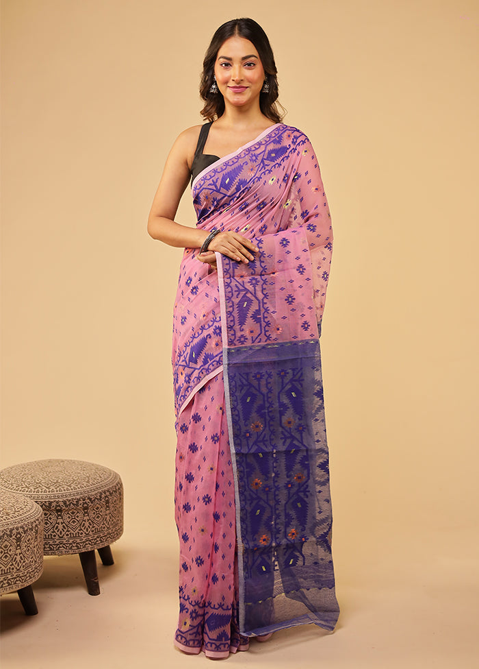 Blue Jamdani Cotton Saree Without Blouse Piece