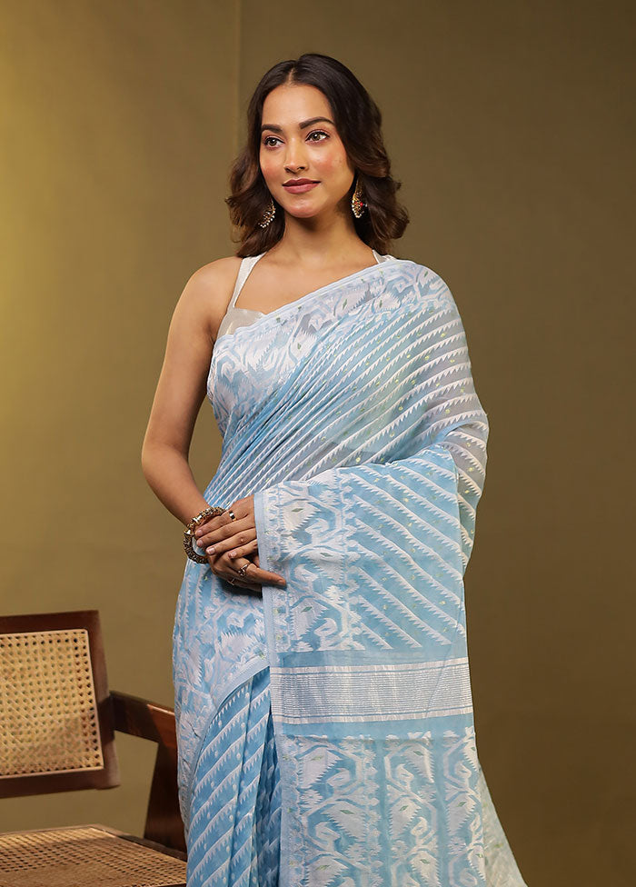 Blue Jamdani Cotton Saree Without Blouse Piece