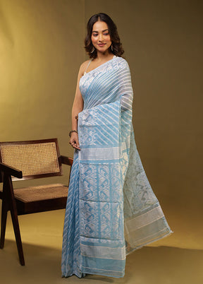 Blue Jamdani Cotton Saree Without Blouse Piece