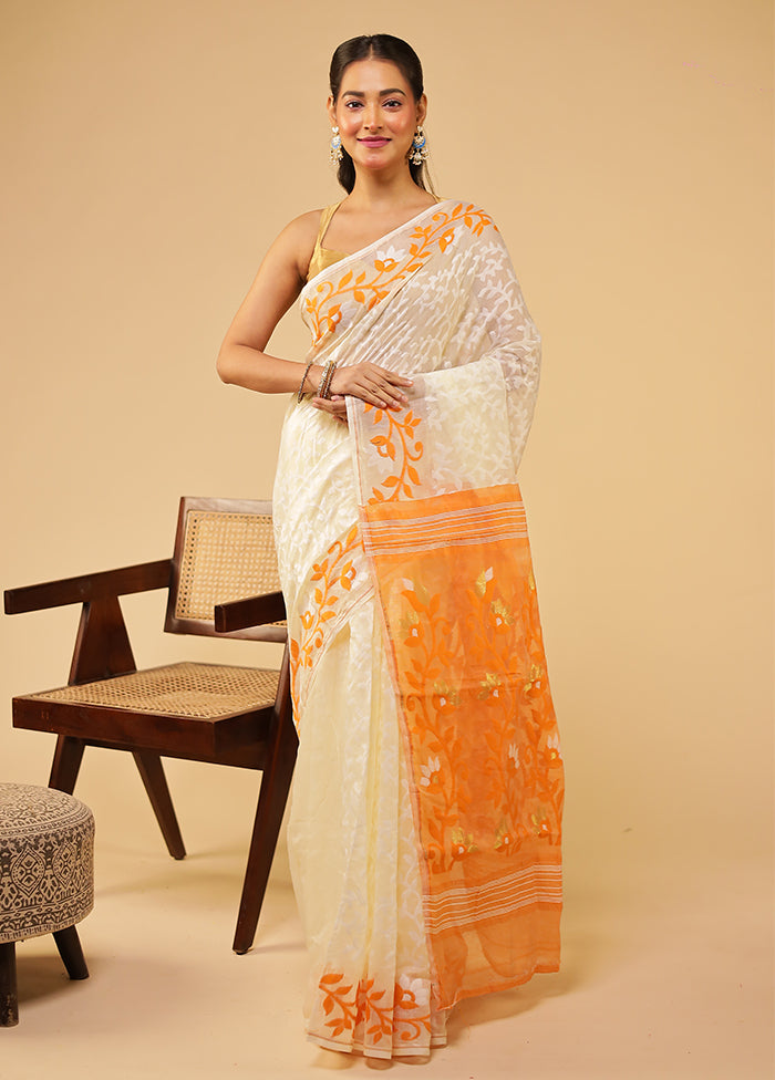Cream Jamdani Cotton Saree With Blouse Piece
