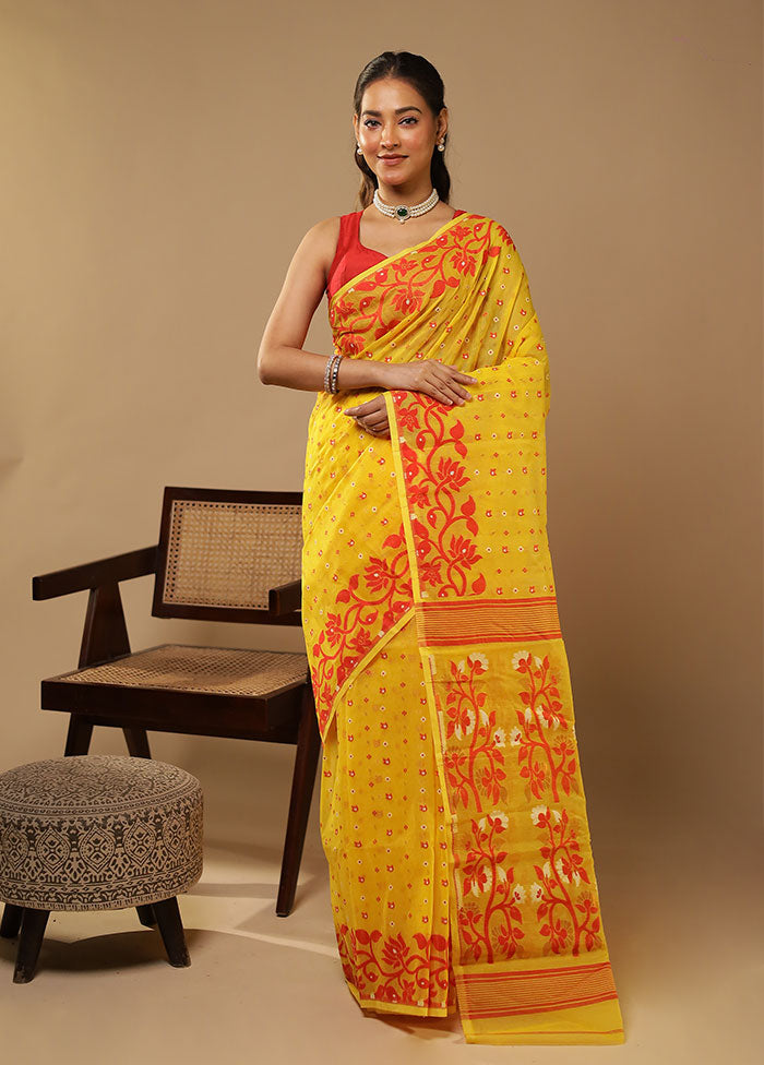 Yellow Jamdani Cotton Saree Without Blouse Piece