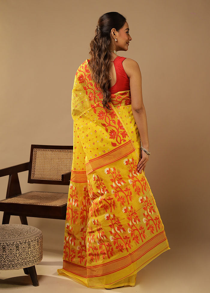 Yellow Jamdani Cotton Saree Without Blouse Piece