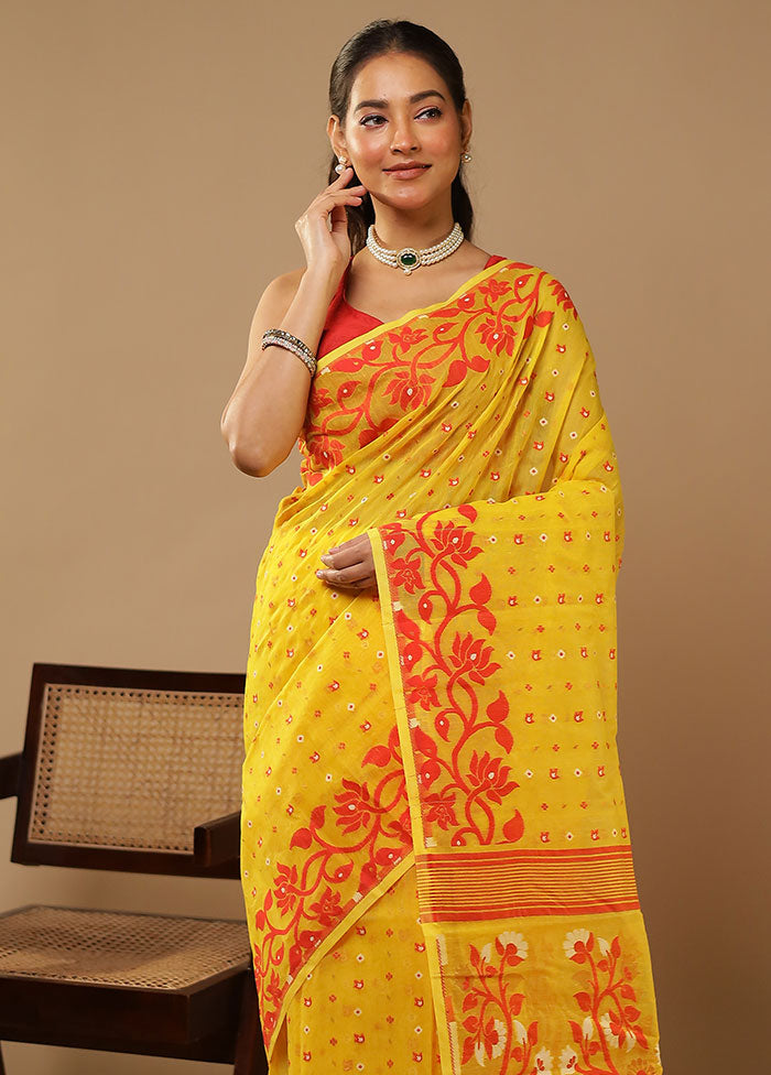 Yellow Jamdani Cotton Saree Without Blouse Piece