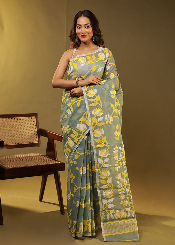 Green Jamdani Cotton Saree Without Blouse Piece