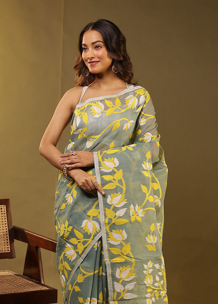 Green Jamdani Cotton Saree Without Blouse Piece