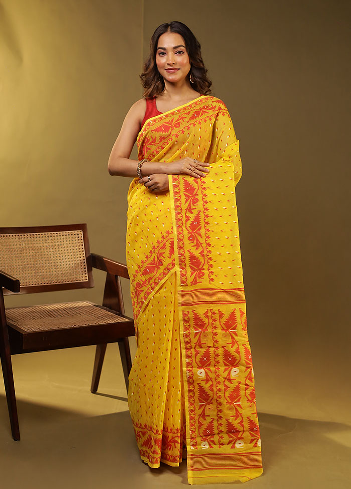 Yellow Jamdani Cotton Saree Without Blouse Piece