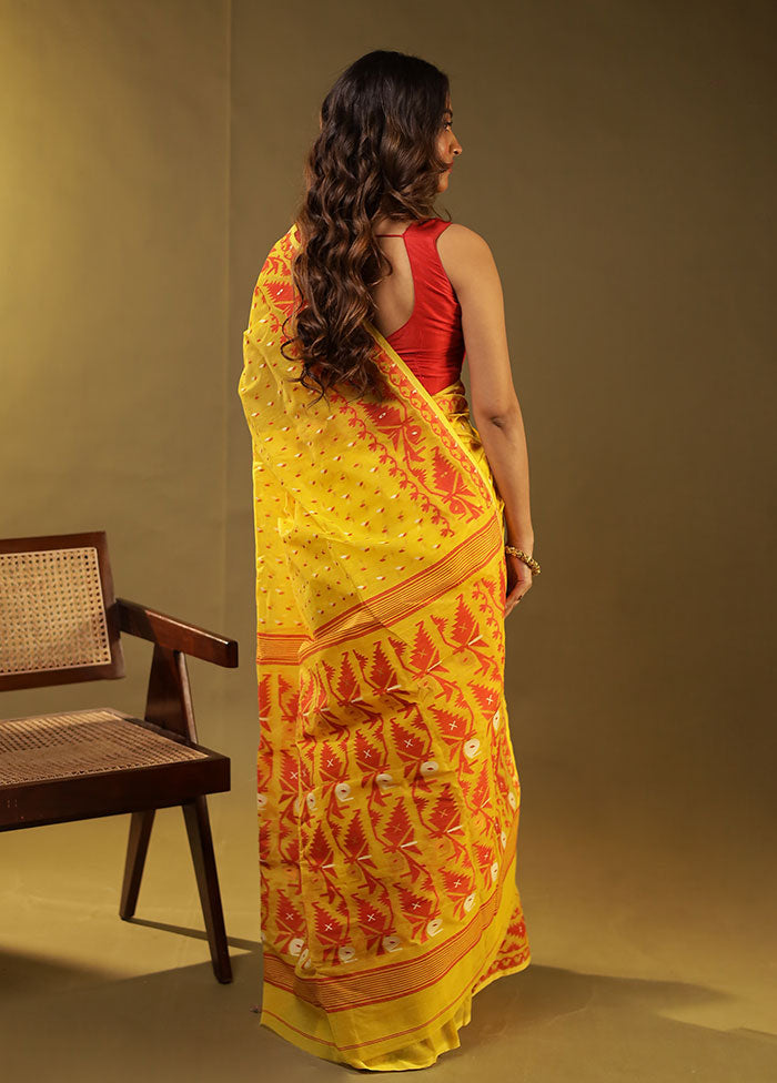Yellow Jamdani Cotton Saree Without Blouse Piece