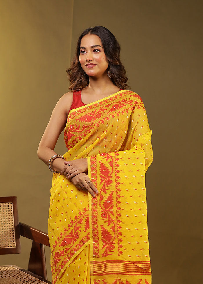 Yellow Jamdani Cotton Saree Without Blouse Piece