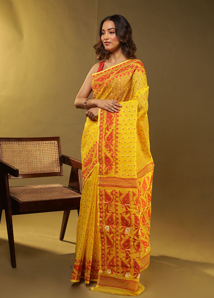 Yellow Jamdani Cotton Saree Without Blouse Piece