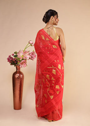 Red Jamdani Cotton Saree Without Blouse Piece