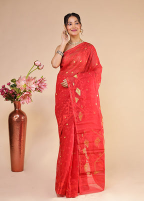 Red Jamdani Cotton Saree Without Blouse Piece