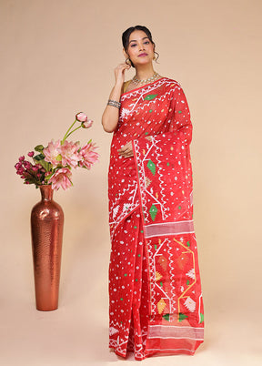 Red Jamdani Cotton Saree Without Blouse Piece