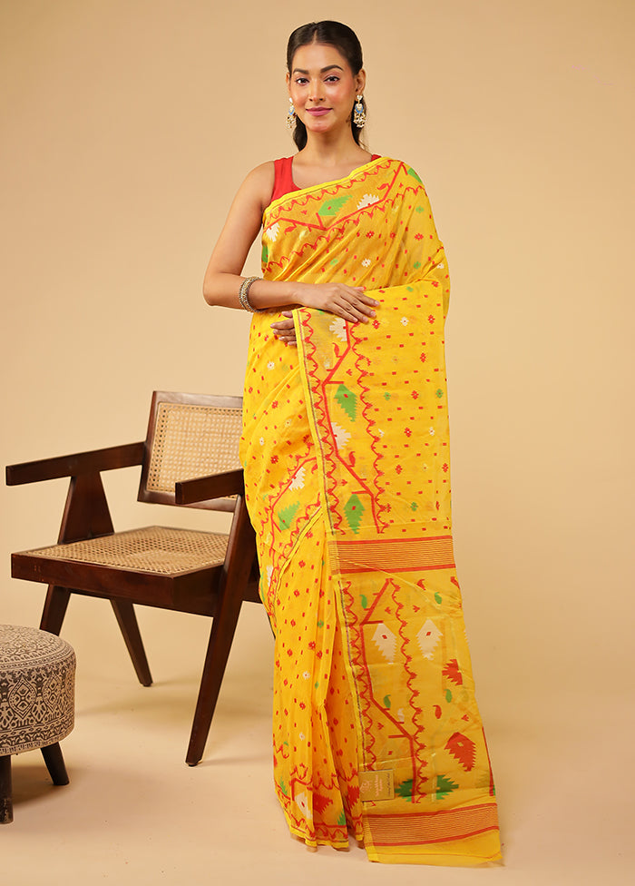 Yellow Jamdani Cotton Saree Without Blouse Piece