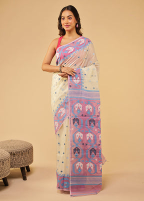 Cream Jamdani Cotton Saree Without Blouse Piece