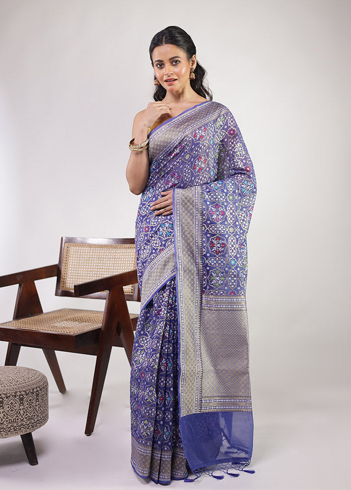 Blue Kora Silk Saree With Blouse Piece