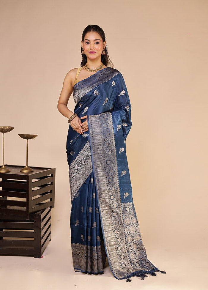 Blue Dupion Silk Saree With Blouse Piece