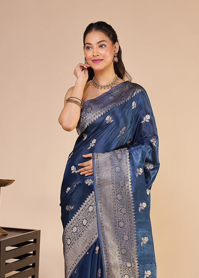 Blue Dupion Silk Saree With Blouse Piece