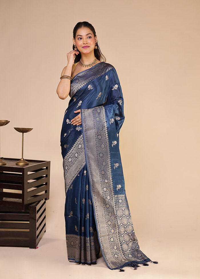 Blue Dupion Silk Saree With Blouse Piece