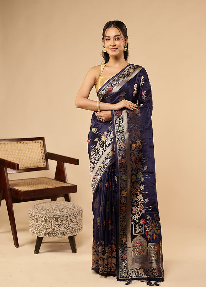Blue Dupion Silk Saree With Blouse Piece
