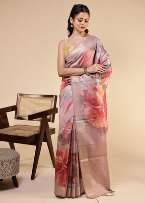 Pink Tussar Silk Saree With Blouse Piece