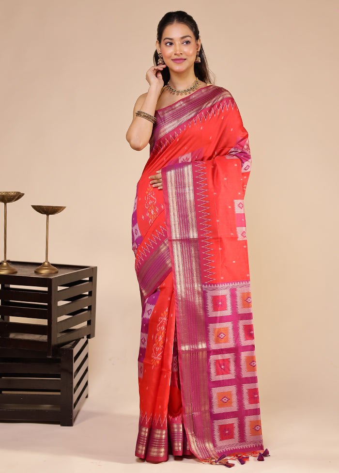 Red Tussar Silk Saree With Blouse Piece