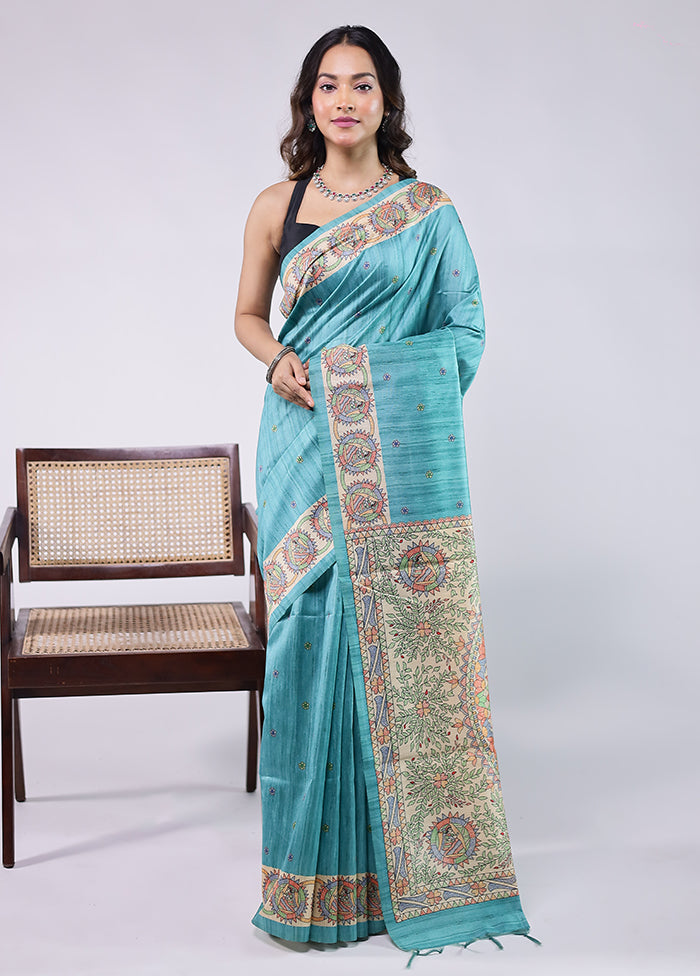 Blue Tussar Silk Saree With Blouse Piece