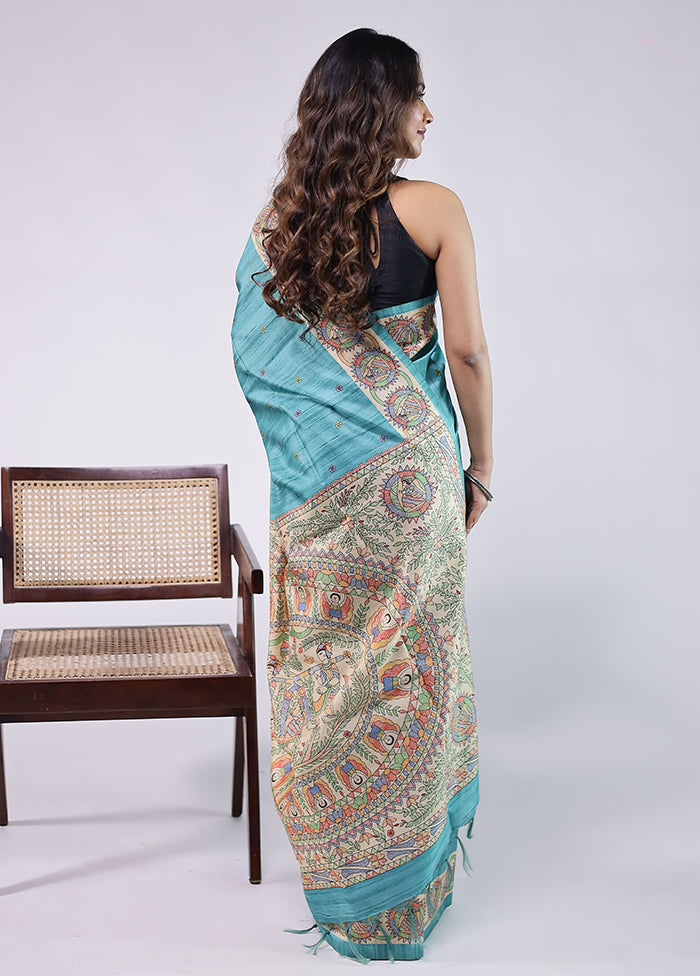 Blue Tussar Silk Saree With Blouse Piece