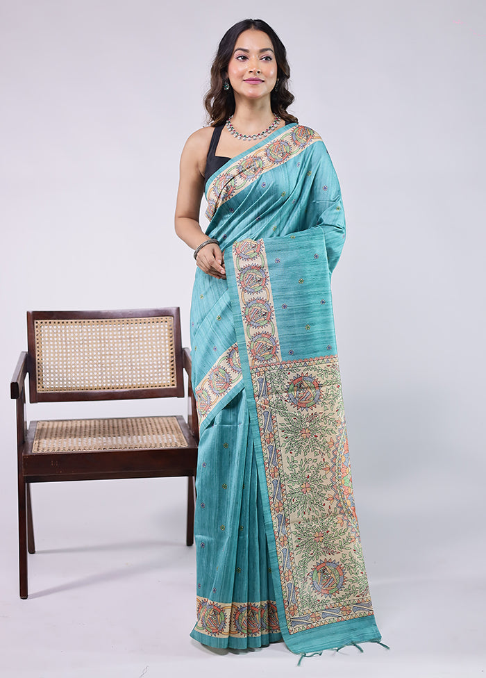 Blue Tussar Silk Saree With Blouse Piece