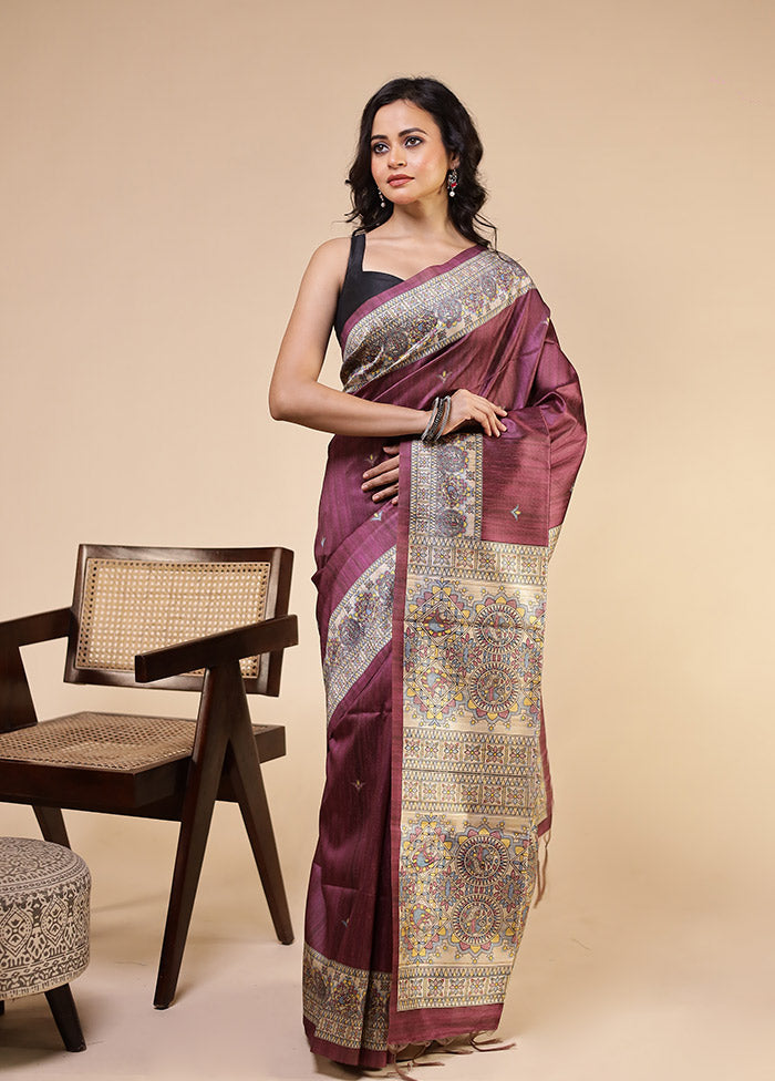 Purple Tussar Silk Saree With Blouse Piece
