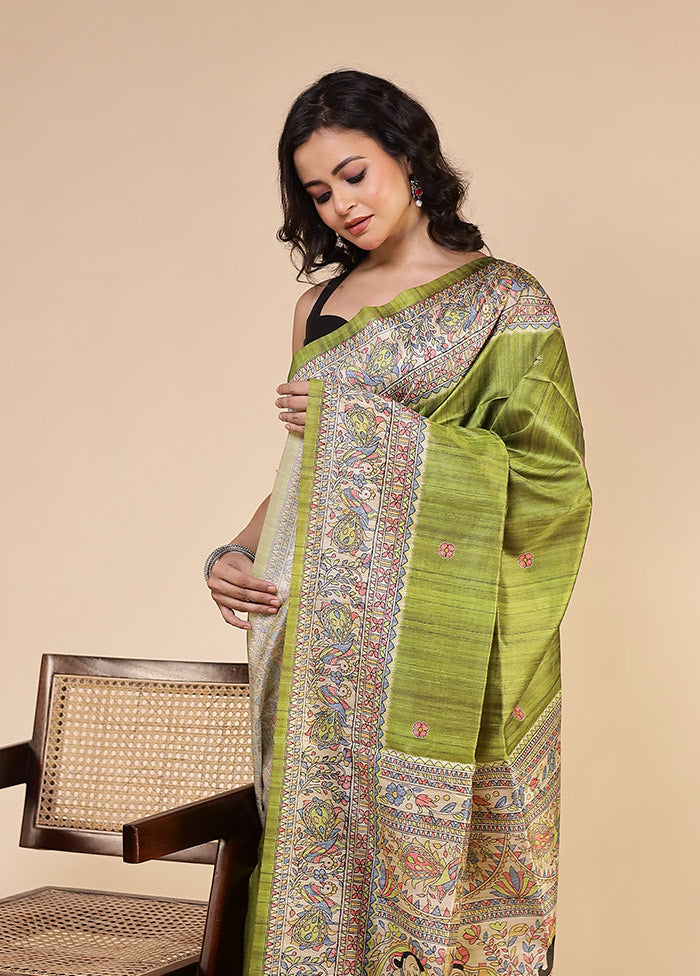 Green Tussar Silk Saree With Blouse Piece