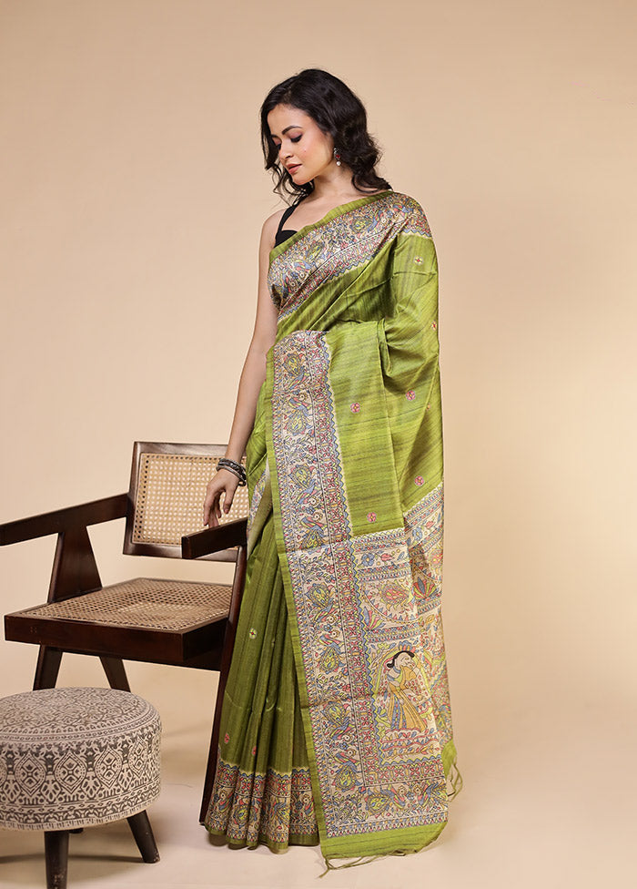 Green Tussar Silk Saree With Blouse Piece