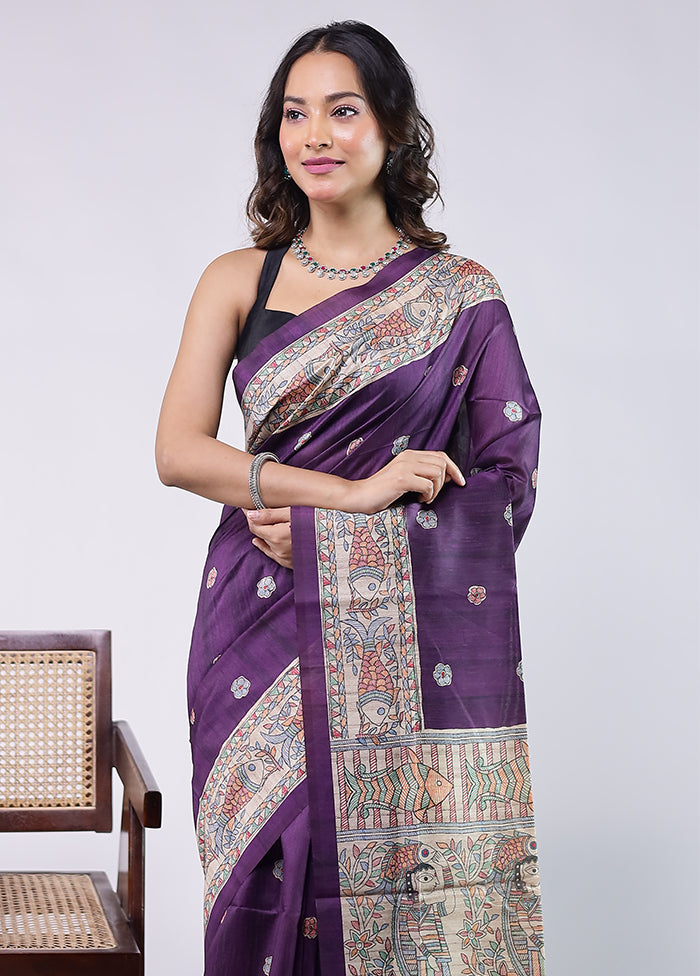 Purple Tussar Silk Saree With Blouse Piece