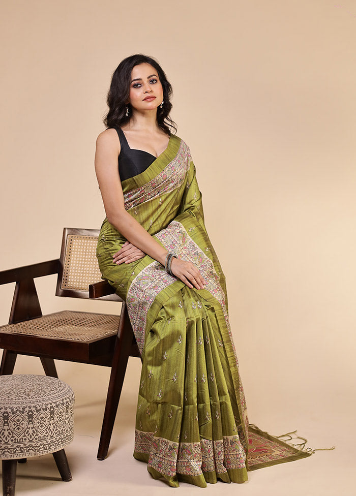 Green Tussar Silk Saree With Blouse Piece