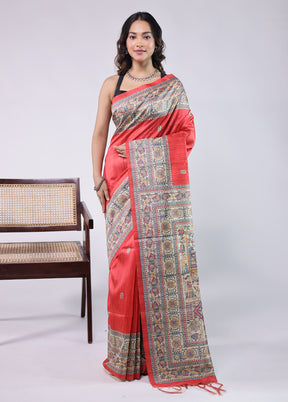 Red Tussar Silk Saree With Blouse Piece