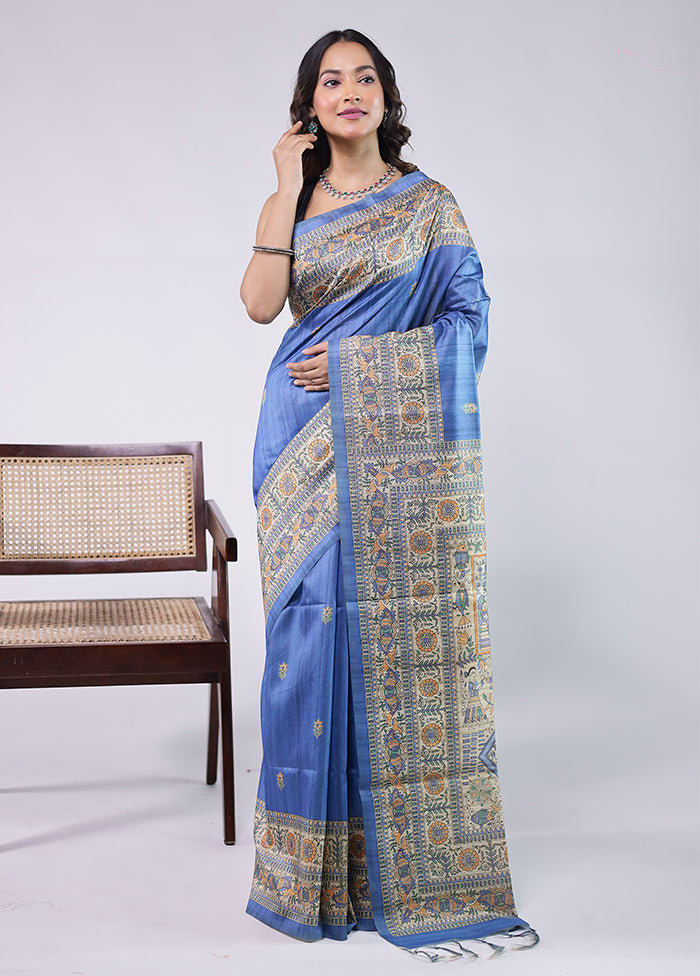 Blue Tussar Silk Saree With Blouse Piece