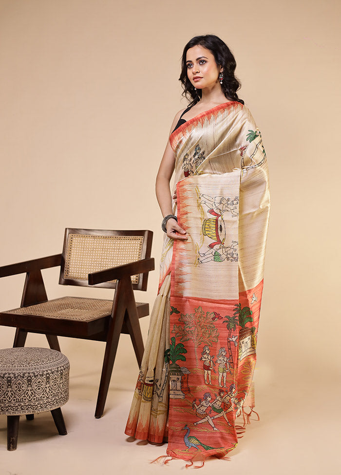 Cream Tussar Silk Saree With Blouse Piece
