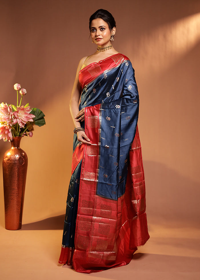 Blue Dupion Silk Saree With Blouse Piece