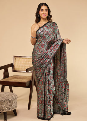 Blue Printed Silk Saree Without Blouse Piece