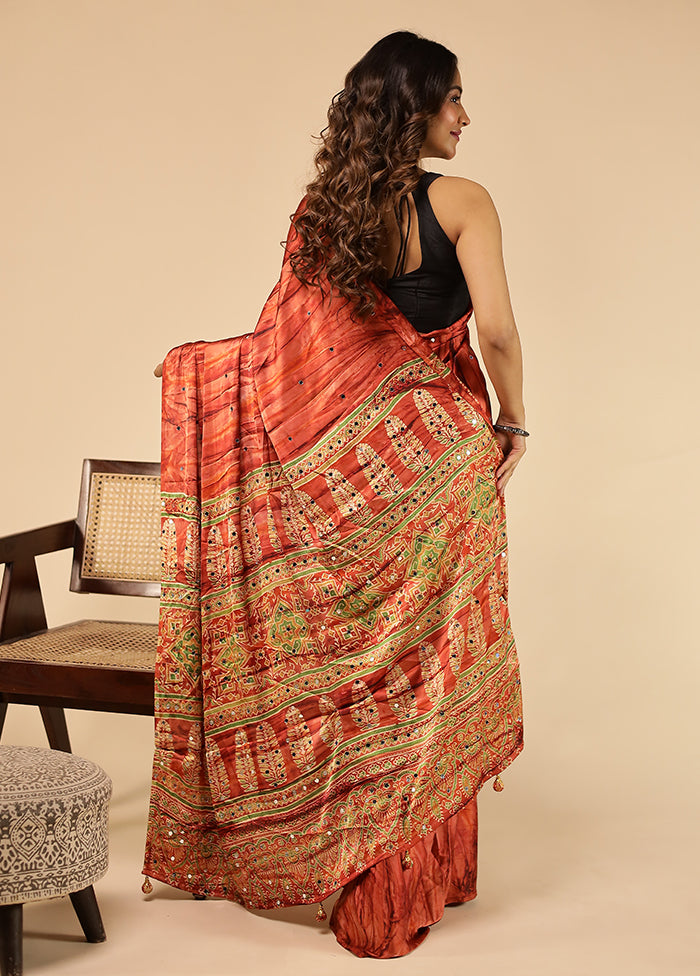 Rust Printed Silk Saree With Blouse Piece