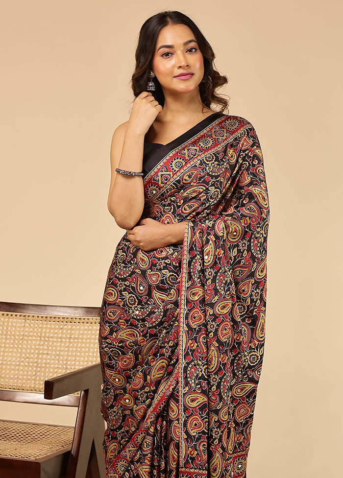 Black Printed Silk Saree Without Blouse Piece