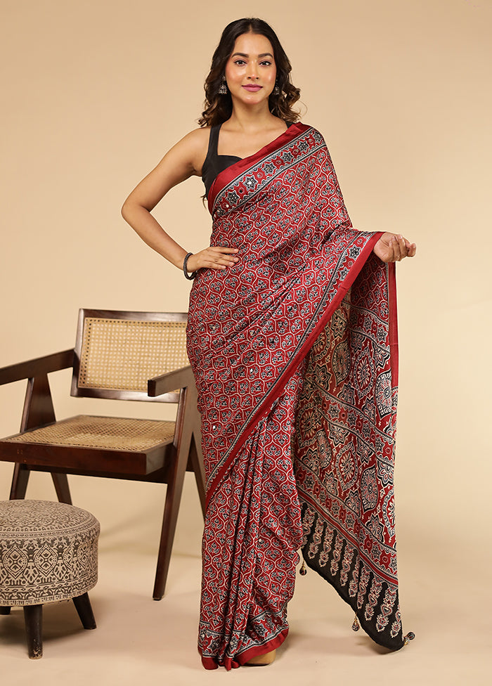 Red Printed Silk Saree Without Blouse Piece