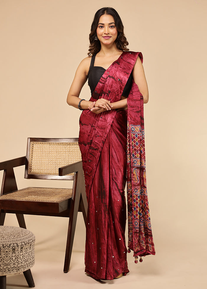Maroon Printed Silk Saree With Blouse Piece